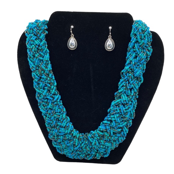 Seed Bead Necklace Wide Braided Artisan Made Blue Green - Picture 8 of 8